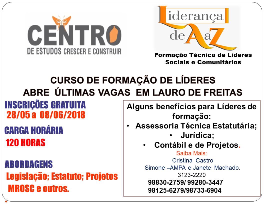 CECC abre vagas gratuitas para curso de formação de lideranças sociais e comunitárias de A a Z em Lauro de Freitas