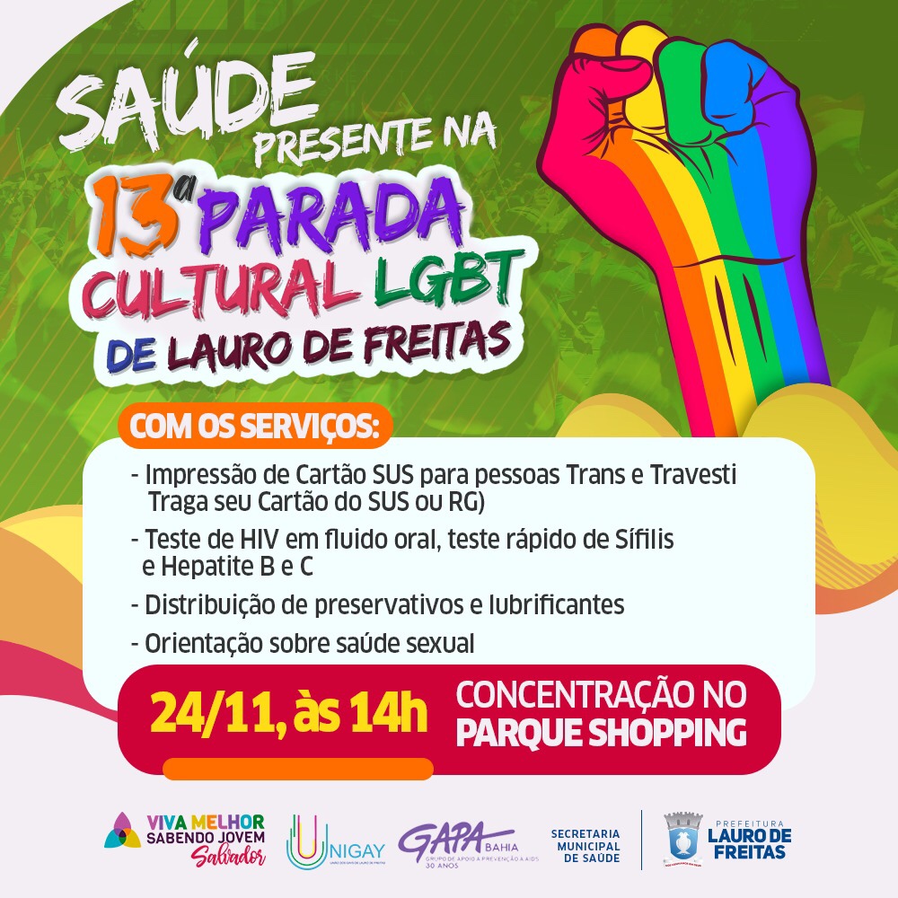  Saúde fará teste rápido para HIV, sífilis e hepatite B na Parada Cultural LGBT de Lauro de Freitas