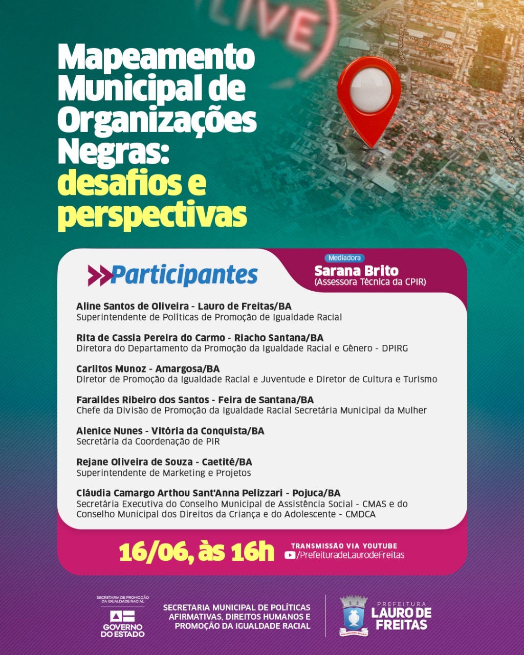  Lauro de Freitas promove live sobre o Mapeamento Municipal de Organizações Negras nesta quarta-feira (16)