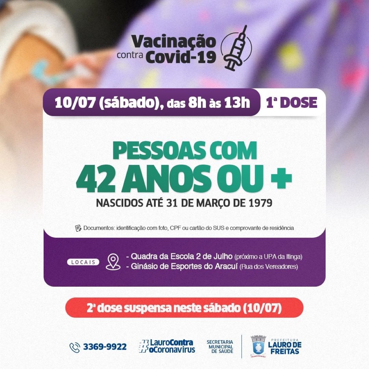 Neste sábado (10), Lauro de Freitas vacina público com 42 anos ou mais, nascidos até 31 de março de 1979