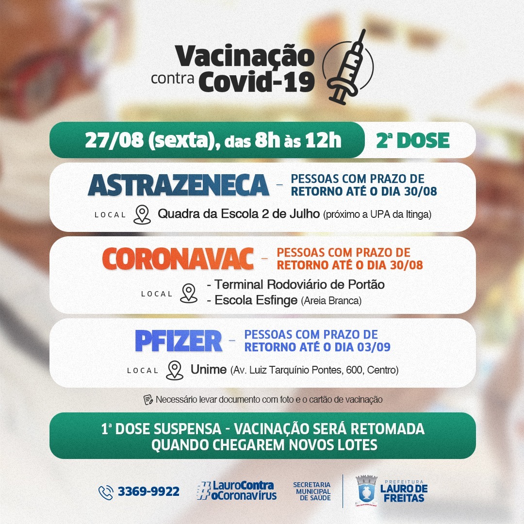 Lauro de Freitas convoca para 2ª dose da vacina contra a Covid-19 nesta sexta-feira (27)