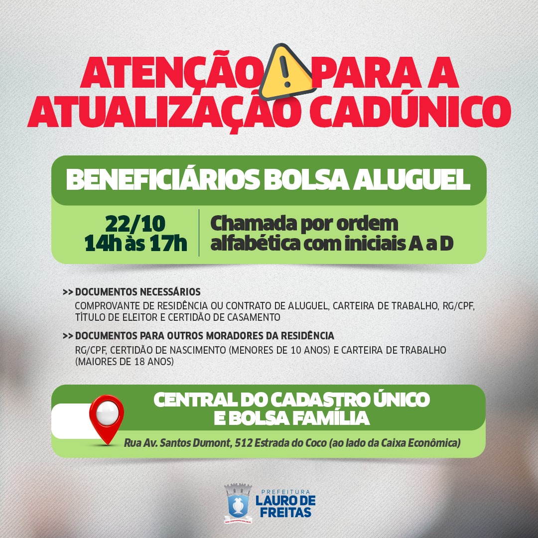 Beneficiários do Bolsa Aluguel devem atualizar o CadÚnico em Lauro de Freitas