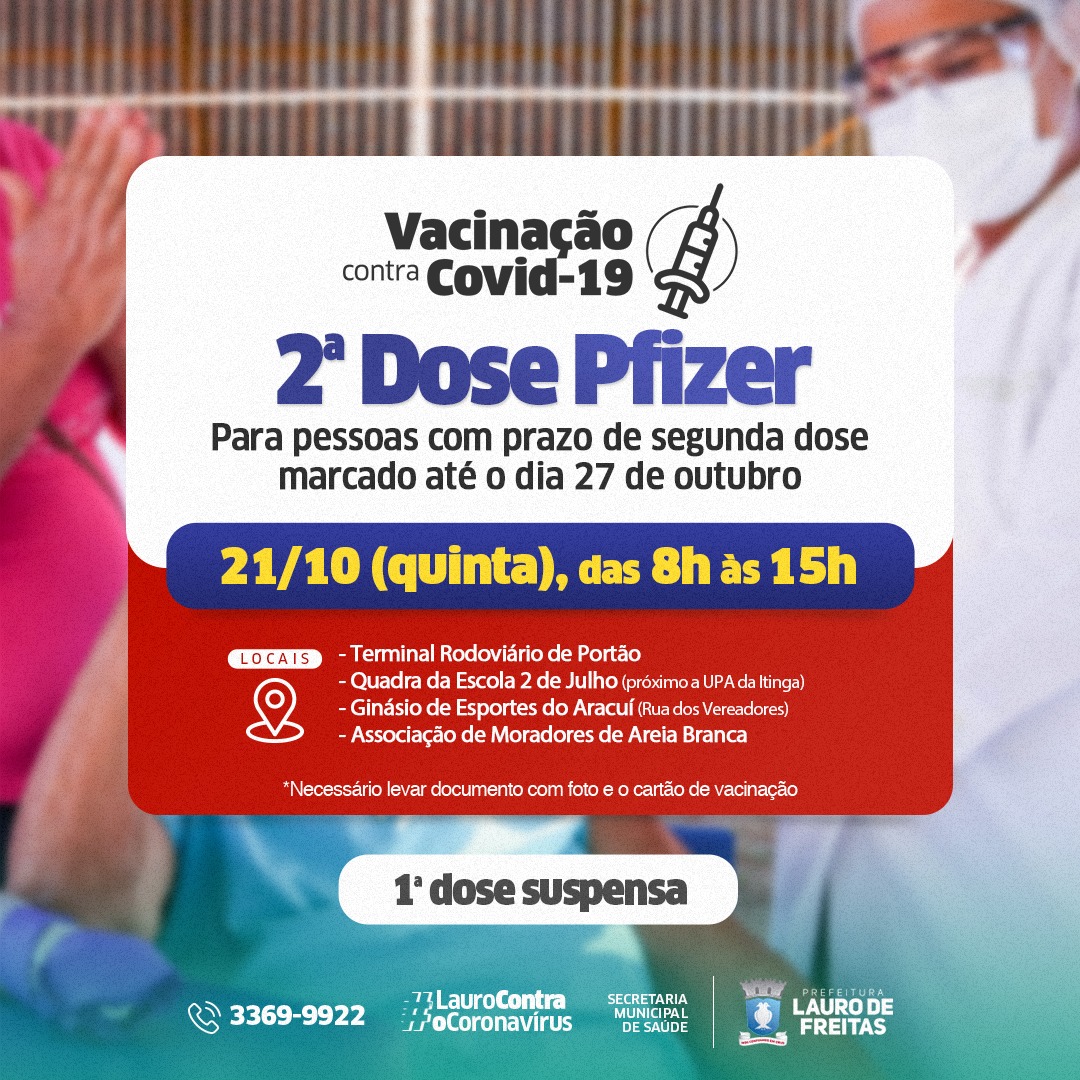 Lauro de Freitas aplica 2ª dose da Pfizer nesta quinta-feira (21)