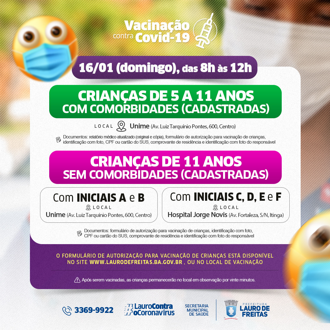 Neste domingo (16), Lauro de Freitas inicia vacinação infantil para crianças cadastradas