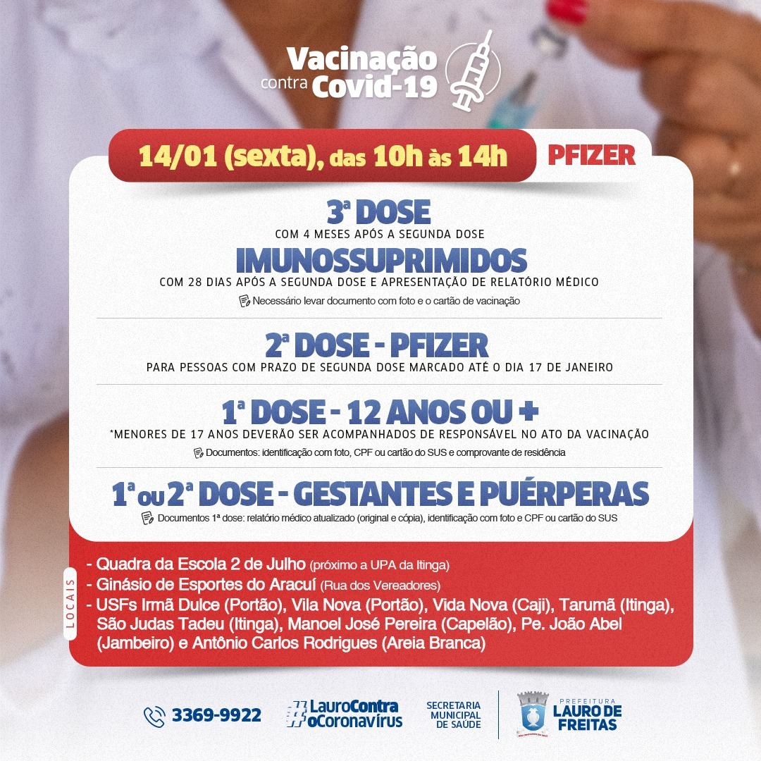 Lauro de Freitas continua vacinação de 1ª, 2ª e 3ª doses contra Covid-19 nesta sexta-feira (14)