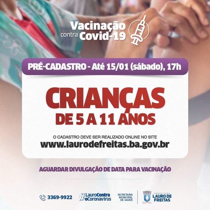  Lauro de Freitas realiza pré-cadastro para vacinação de crianças entre 5 e 11 anos