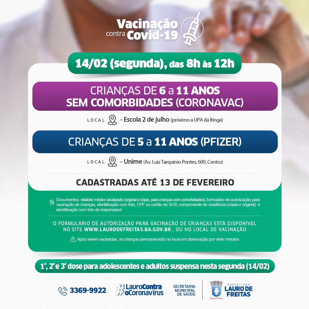 Covid 19 – Lauro de Freitas segue com vacinação de crianças nesta segunda-feira (14)