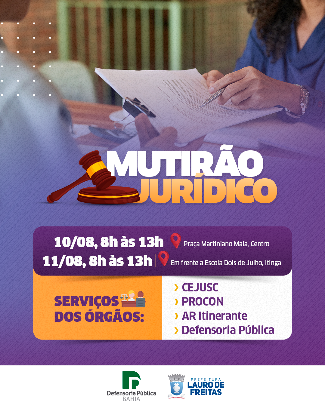  Prefeitura e Defensoria Pública realizam mutirão jurídico nesta quarta (10) e quinta (11) em Lauro de Freitas