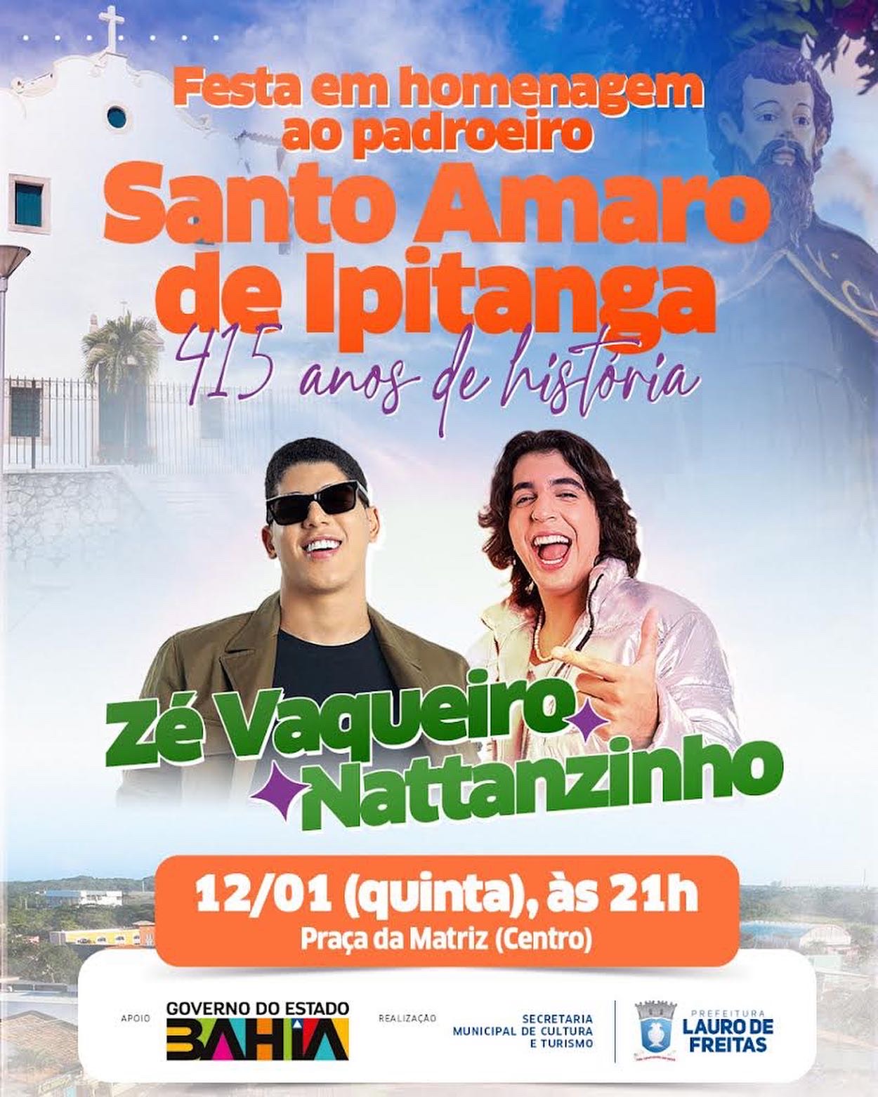  Zé Vaqueiro e Nattanzinho, além de shows religiosos, agitam festa do padroeiro de Lauro de Freitas 2023