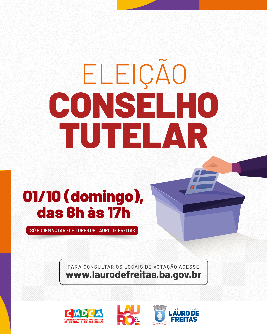  Eleição de conselheiros tutelares de Lauro de Freitas será realizada no dia 1º de outubro em cinco locais de votação