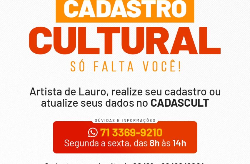  Cadastro Municipal de Cultura é reaberto em Lauro de Freitas nesta segunda-feira (22)