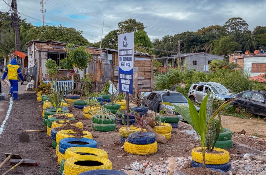 Antigo ponto de lixo vira jardim sustentável no Caji: Prefeitura transforma área com pneus reciclados e plantas
