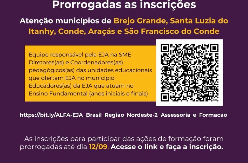 São Francisco do Conde recebe Ciclo Formativo do Projeto ALFA-EJA BRASIL; inscrições prorrogadas até 12 de setembro